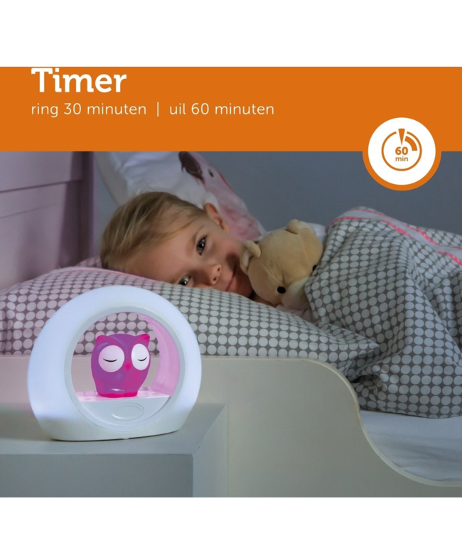 Nachtlamp uil Lou roze met dimbare lampjes en automatische geluidssensor