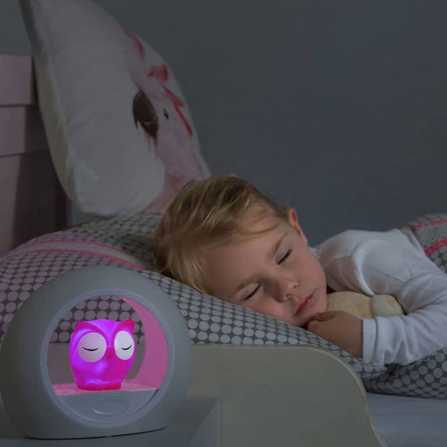 Nachtlamp uil Lou roze met dimbare lampjes en automatische geluidssensor