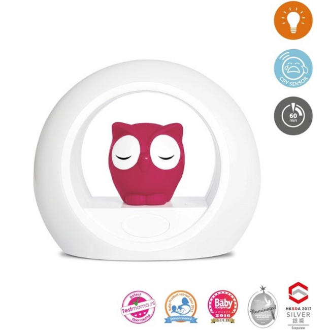 Nachtlamp uil Lou roze met dimbare lampjes en automatische geluidssensor