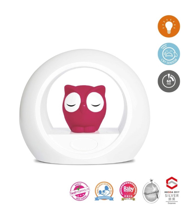 Nachtlamp uil Lou roze met dimbare lampjes en automatische geluidssensor