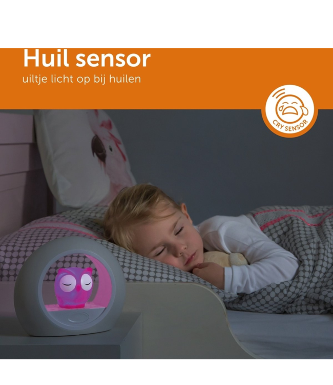 Nachtlamp uil Lou roze met dimbare lampjes en automatische geluidssensor