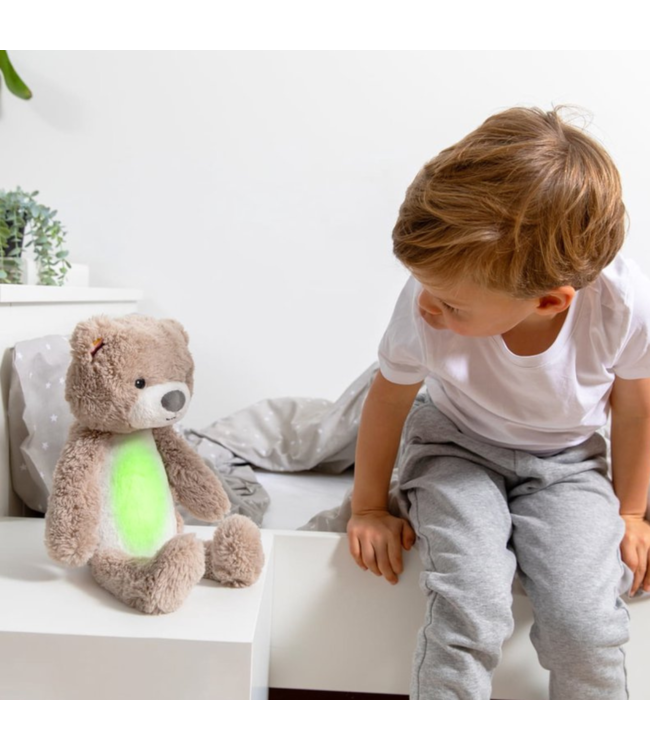 Slaaptrainer Brody beer in taupe helpt kinderen een gezond slaapritme te ontwikkelen en rustig te slapen