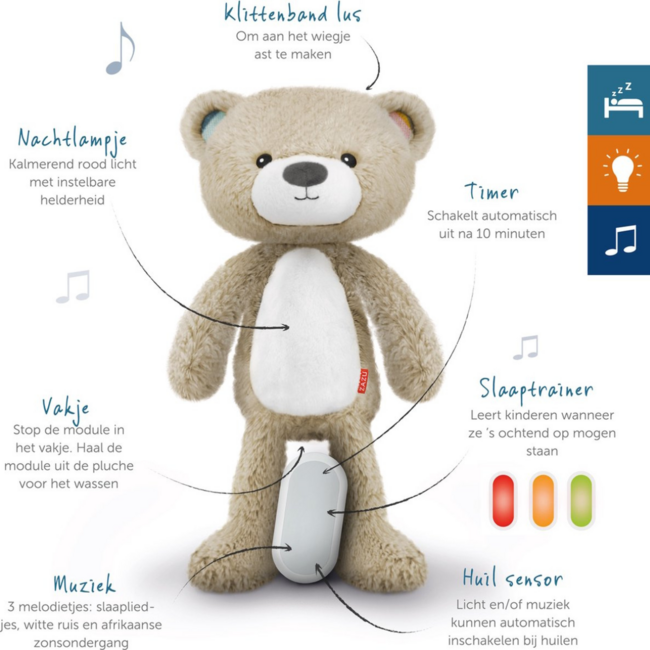 Sleep trainer Brody bear in taupe helps children develop a healthy sleep routine and sleep peacefully