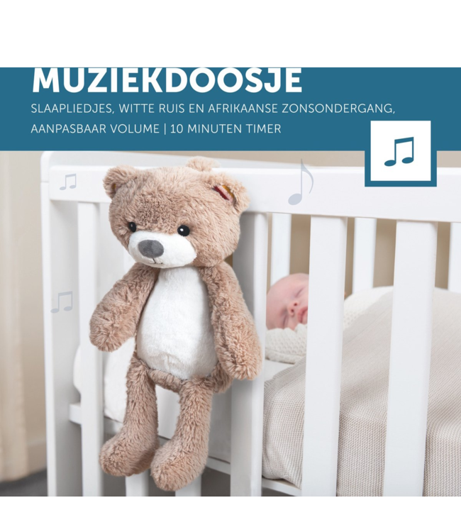Slaaptrainer Brody beer in taupe helpt kinderen een gezond slaapritme te ontwikkelen en rustig te slapen
