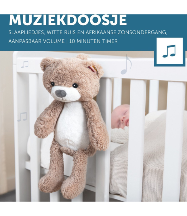 Slaaptrainer Brody beer in taupe helpt kinderen een gezond slaapritme te ontwikkelen en rustig te slapen