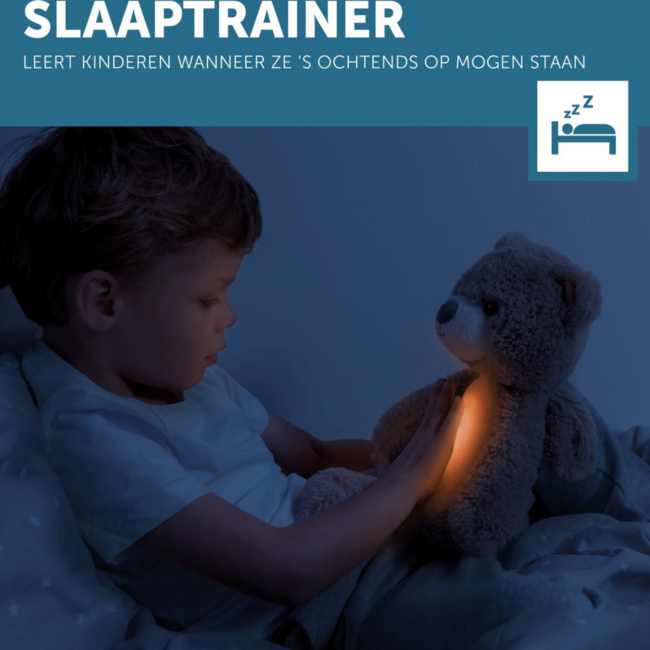 Schlaftrainer Brody Bär in Blau unterstützt Kinder beim ruhigen Schlaf und der Entwicklung eines gesunden Schlafrhythmus