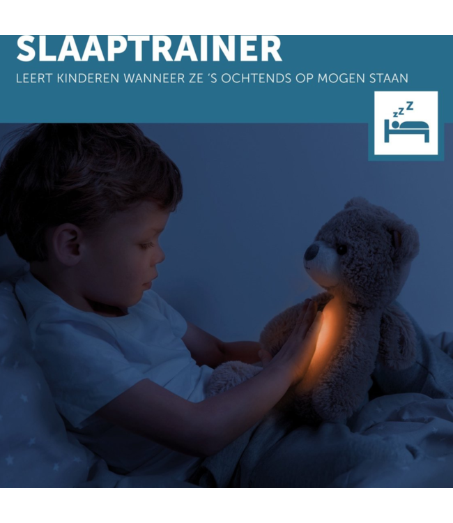 Slaaptrainer Brody beer in blauw helpt kinderen rustig te slapen en een gezond slaapritme te ontwikkelen