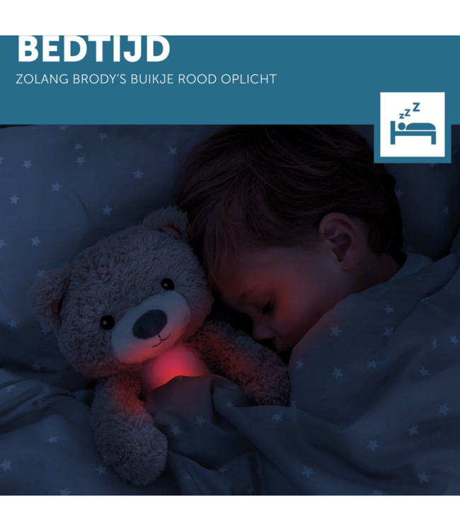 Slaaptrainer Brody beer in blauw helpt kinderen rustig te slapen en een gezond slaapritme te ontwikkelen