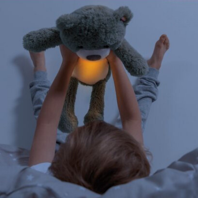 Sleep trainer Brody bear in blue helps children sleep peacefully and develop a healthy sleep routine