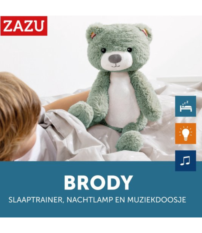 Slaaptrainer Brody beer in blauw helpt kinderen rustig te slapen en een gezond slaapritme te ontwikkelen