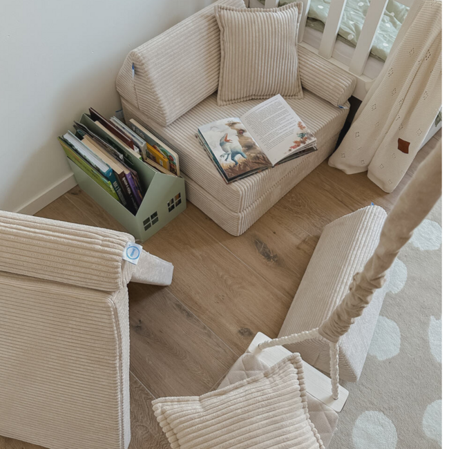 Beige mini kinder speelbank van zachte corduroy stof