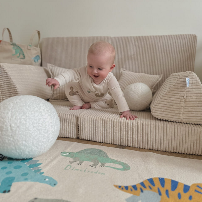 Mini banc de jeu beige pour enfants en tissu velours côtelé doux