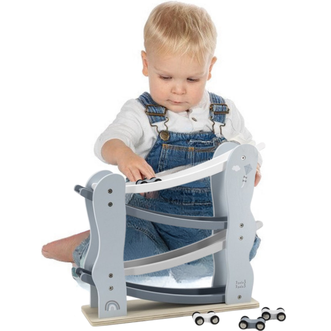 Toboggan à Voitures Durable en Bois avec 4 Voitures (Hêtre FSC) – Bleu