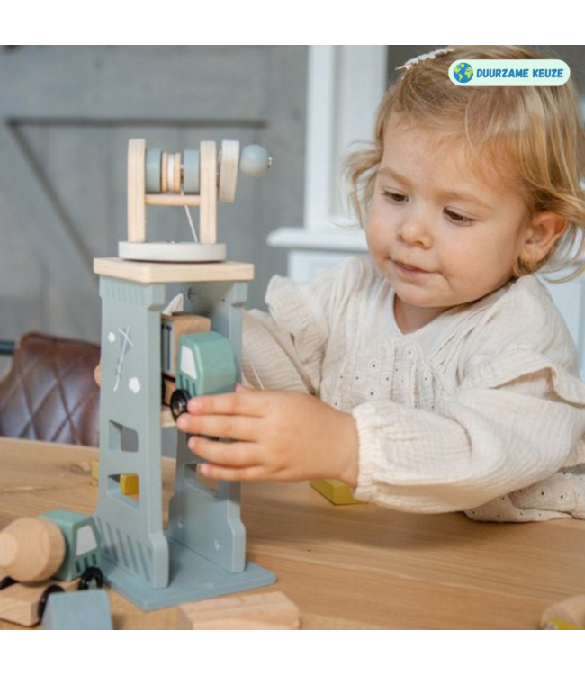 Houten hijskraan en bouwset met 6 voertuigen en blokken