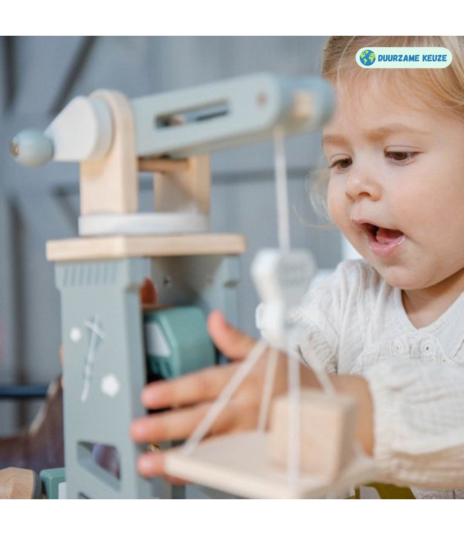 Houten hijskraan en bouwset met 6 voertuigen en blokken