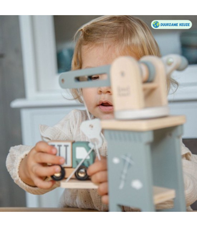 Houten hijskraan en bouwset met 6 voertuigen en blokken