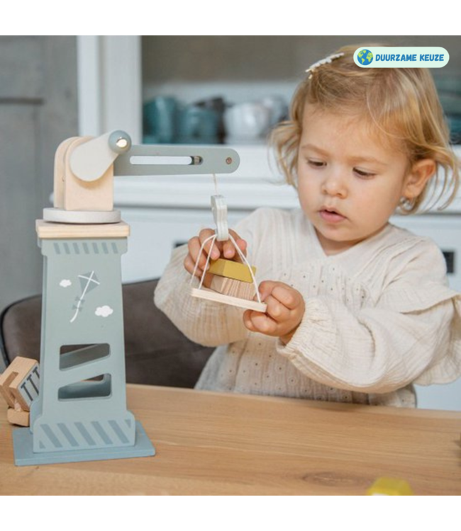 Houten hijskraan en bouwset met 6 voertuigen en blokken