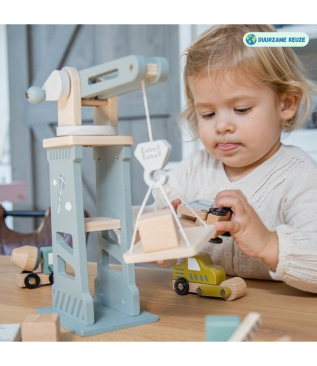 Houten hijskraan en bouwset met 6 voertuigen en blokken