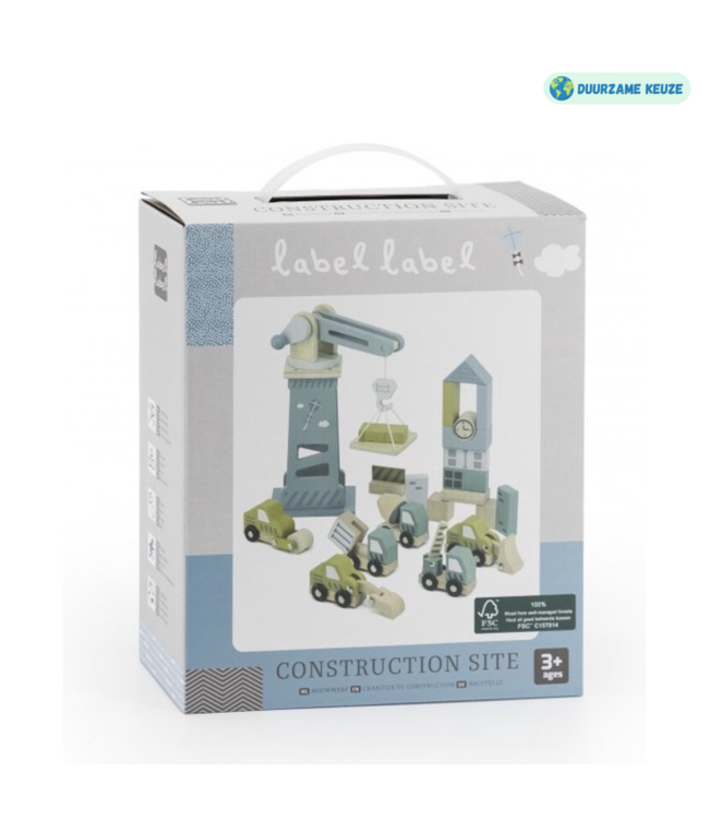 Houten hijskraan en bouwset met 6 voertuigen en blokken