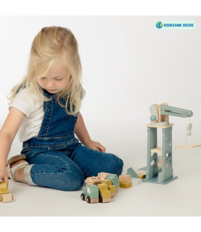 Houten hijskraan en bouwset met 6 voertuigen en blokken