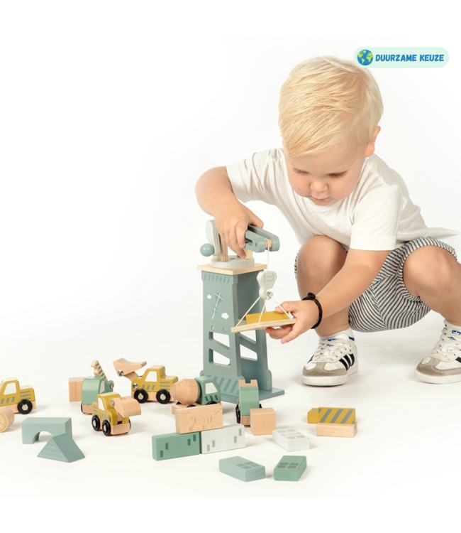 Houten hijskraan en bouwset met 6 voertuigen en blokken