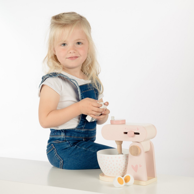 Roze houten keukenmixer voor kinderen met accessoires, veilig en duurzaam