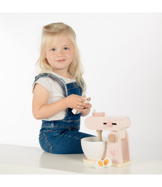 Roze houten keukenmixer voor kinderen met accessoires, veilig en duurzaam