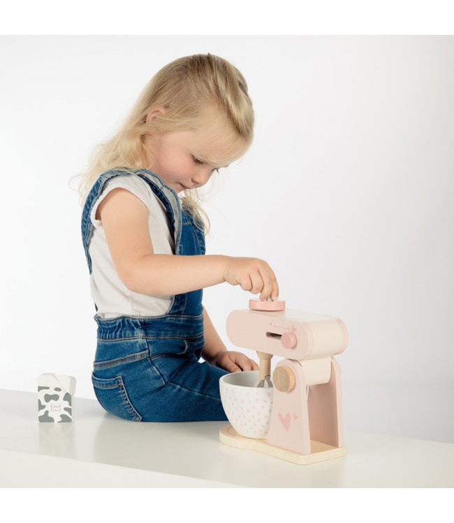Roze houten keukenmixer voor kinderen met accessoires, veilig en duurzaam