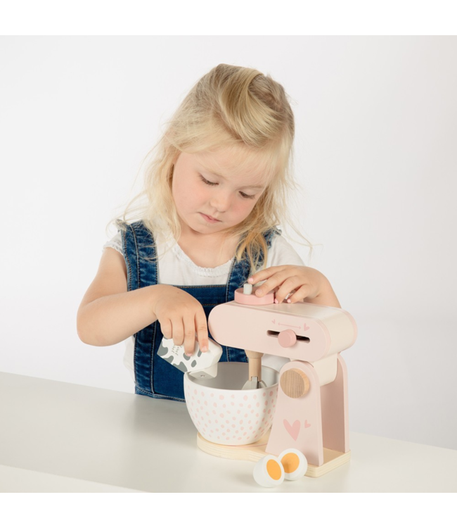 Roze houten keukenmixer voor kinderen met accessoires, veilig en duurzaam