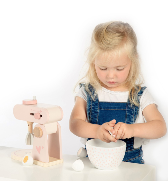 Roze houten keukenmixer voor kinderen met accessoires, veilig en duurzaam