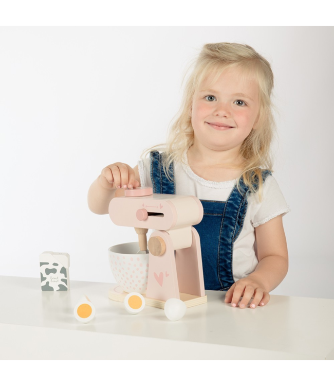 Roze houten keukenmixer voor kinderen met accessoires, veilig en duurzaam