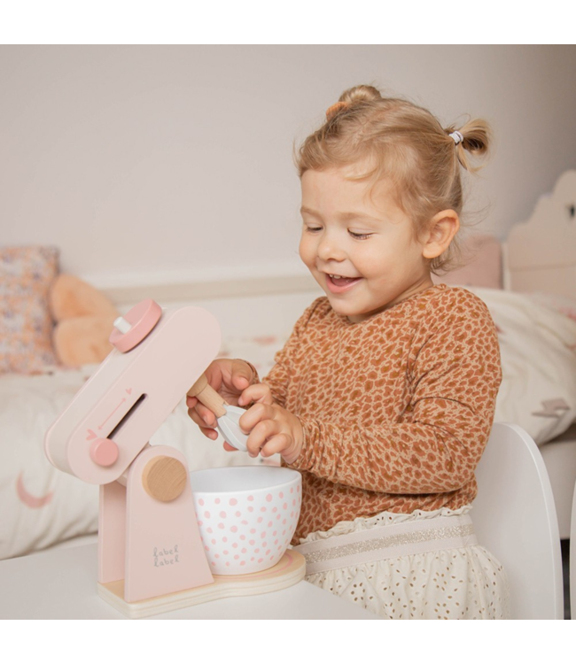 Roze houten keukenmixer voor kinderen met accessoires, veilig en duurzaam