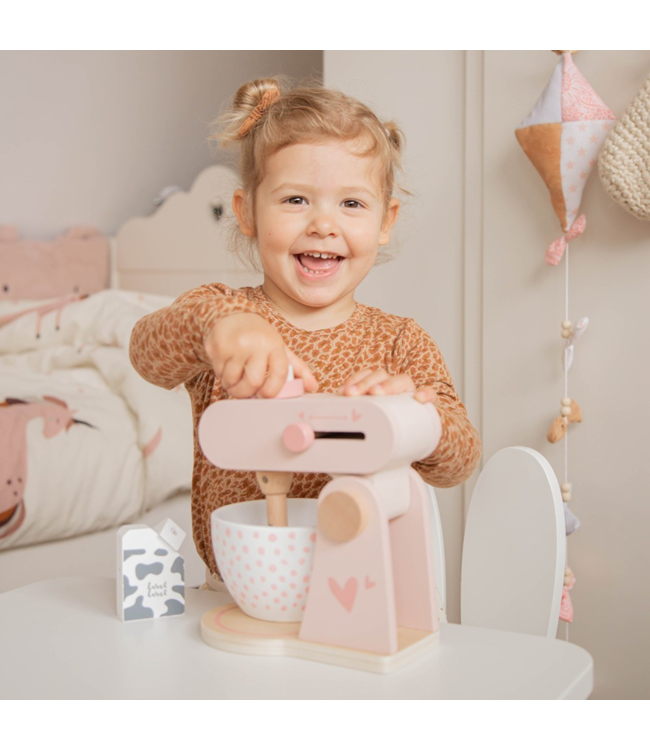 Roze houten keukenmixer voor kinderen met accessoires, veilig en duurzaam