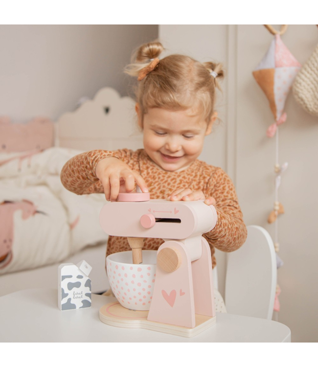 Roze houten keukenmixer voor kinderen met accessoires, veilig en duurzaam