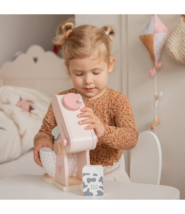 Roze houten keukenmixer voor kinderen met accessoires, veilig en duurzaam