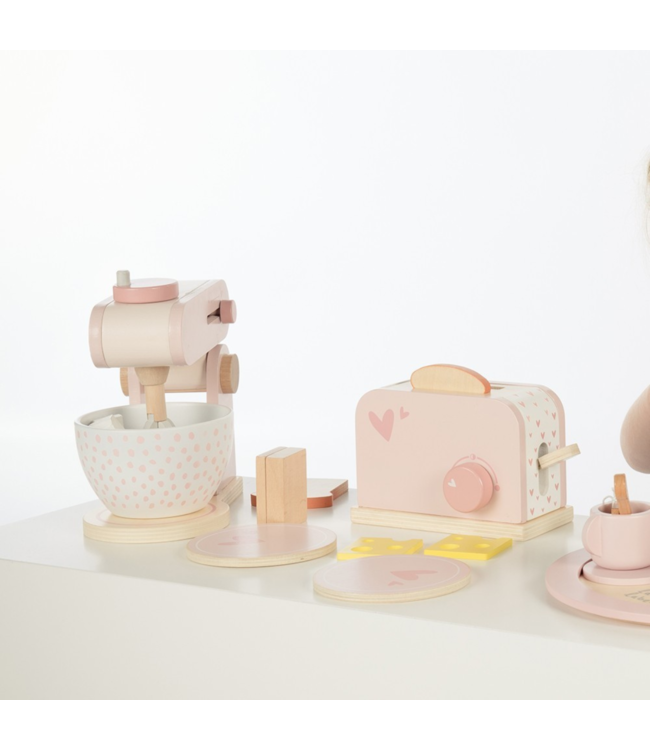 Roze houten keukenmixer voor kinderen met accessoires, veilig en duurzaam