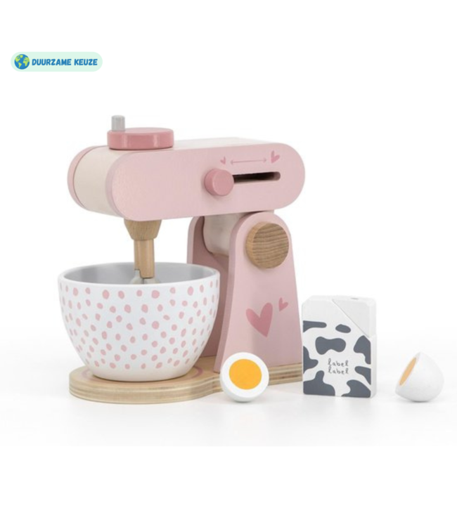 Roze houten keukenmixer voor kinderen met accessoires, veilig en duurzaam