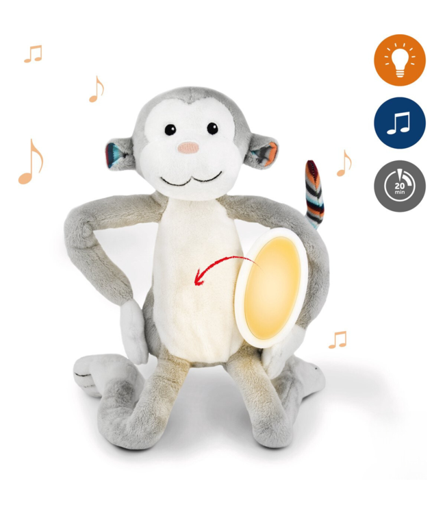 Zachte knuffelaap met rustgevend nachtlampje en slaapliedjes