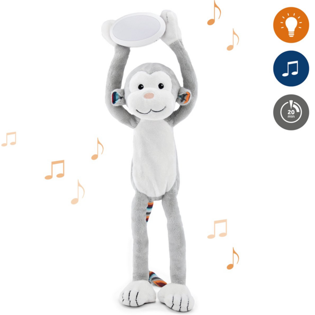Soft cuddly monkey with soothing night light and lullabies