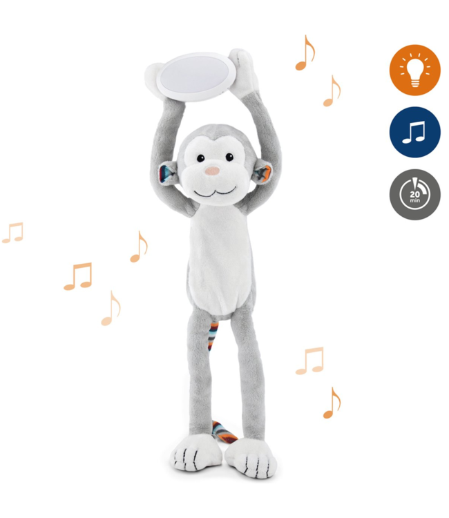 Zachte knuffelaap met rustgevend nachtlampje en slaapliedjes