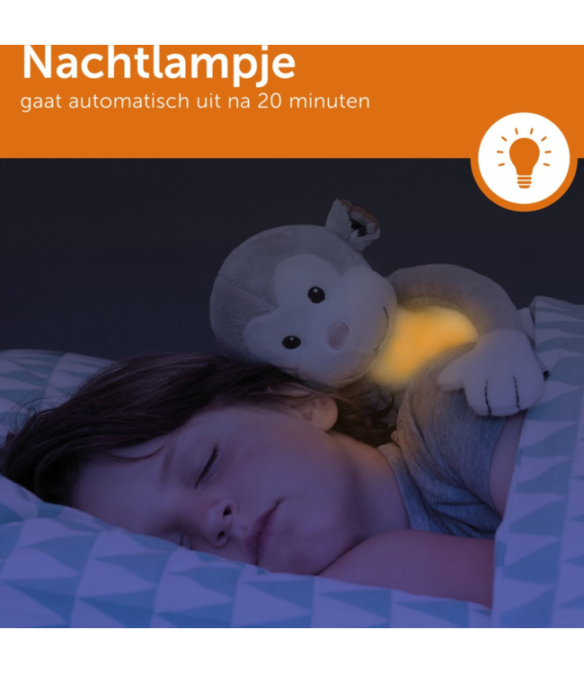 Zachte knuffelaap met rustgevend nachtlampje en slaapliedjes