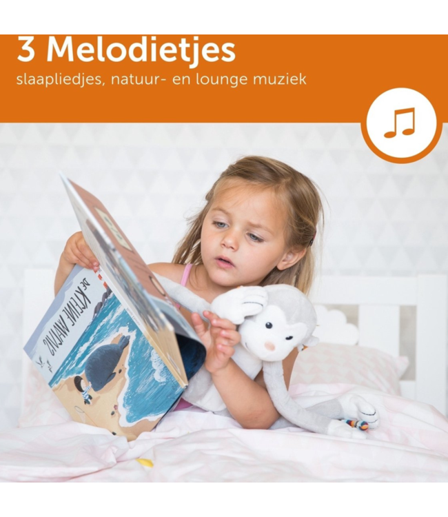 Zachte knuffelaap met rustgevend nachtlampje en slaapliedjes