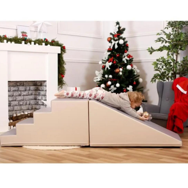 Foam blokken glijbaan XXL grijs-beige – veilige speelset met stijlvol design