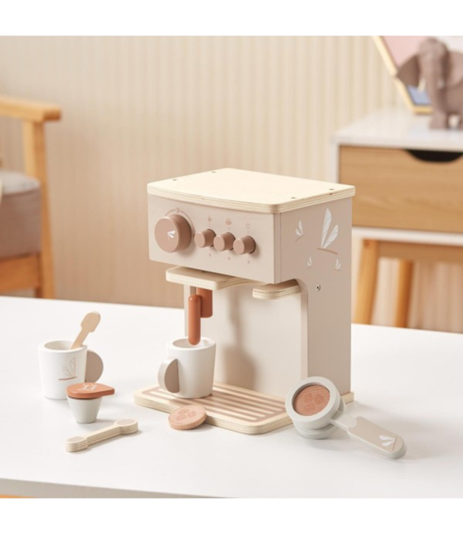 Houten espressomachine in nougat kleur voor kinderen, perfect voor fantasierijk speelplezier