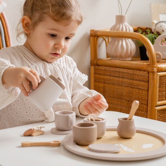 Wooden tea set in nougat color for endless play fun