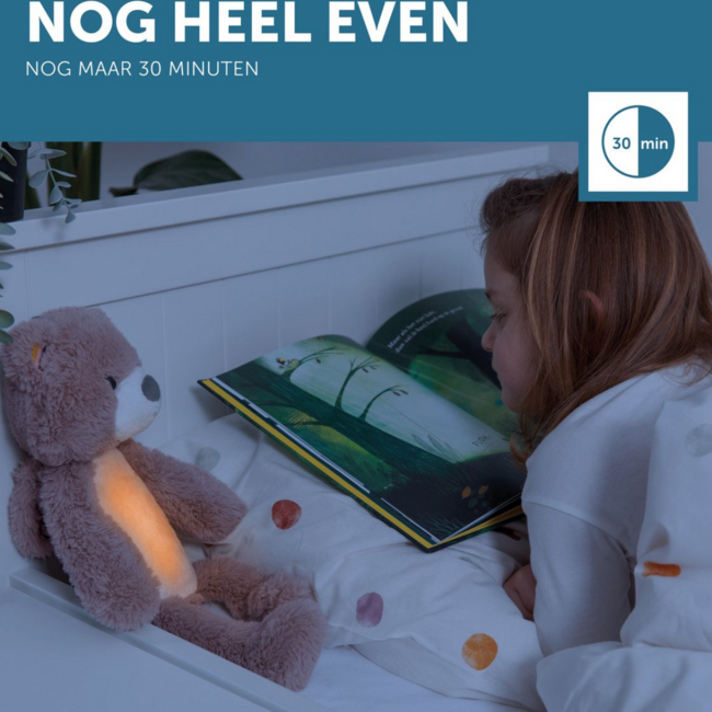 Sleep trainer Brody bear in pink helps children sleep peacefully and develop a sleep routine