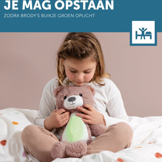 Sleep trainer Brody bear in pink helps children sleep peacefully and develop a sleep routine