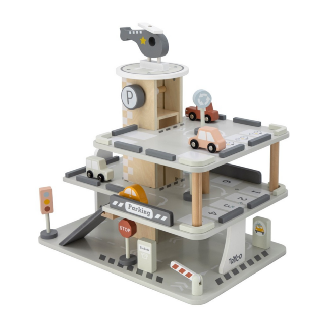 Wooden parking garage with multiple levels and play features
