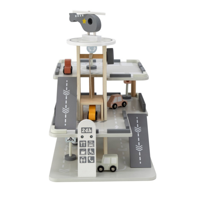 Wooden parking garage with multiple levels and play features