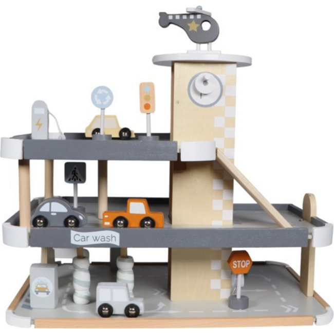 Wooden parking garage with multiple levels and play features